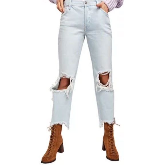 Free People Denim - Maggie Straight Leg Mid Rise Distressed Denim Jeans